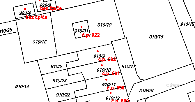 Planá nad Lužnicí 592 na parcele st. 910/9 v KÚ Planá nad Lužnicí, Katastrální mapa