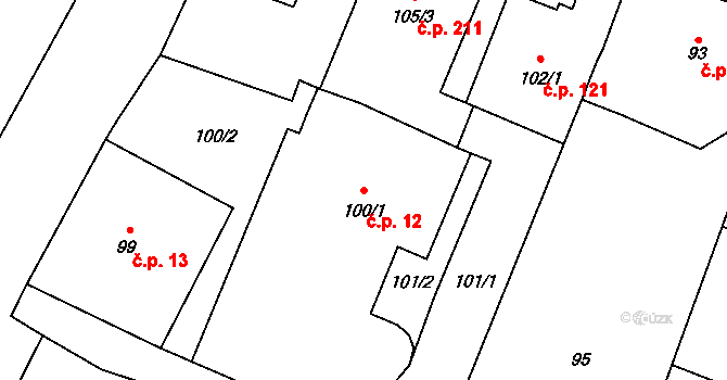 Dolní Lutyně 12 na parcele st. 100/1 v KÚ Dolní Lutyně, Katastrální mapa