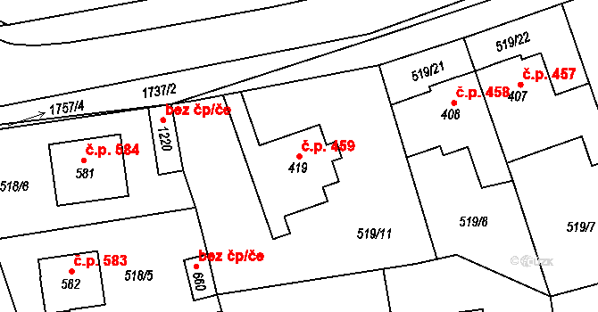 Jevíčko 459 na parcele st. 419 v KÚ Jevíčko-předměstí, Katastrální mapa