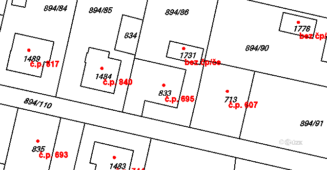 Pacov 695 na parcele st. 833 v KÚ Pacov, Katastrální mapa
