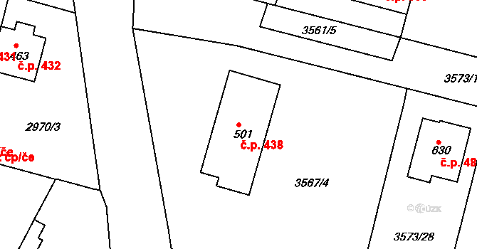 Strmilov 438 na parcele st. 501 v KÚ Strmilov, Katastrální mapa