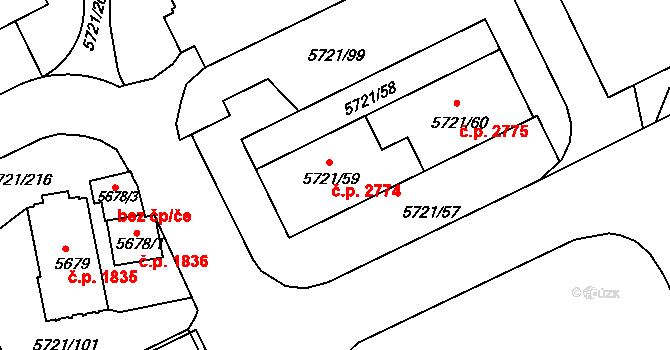 Záběhlice 2774, Praha na parcele st. 5721/59 v KÚ Záběhlice, Katastrální mapa