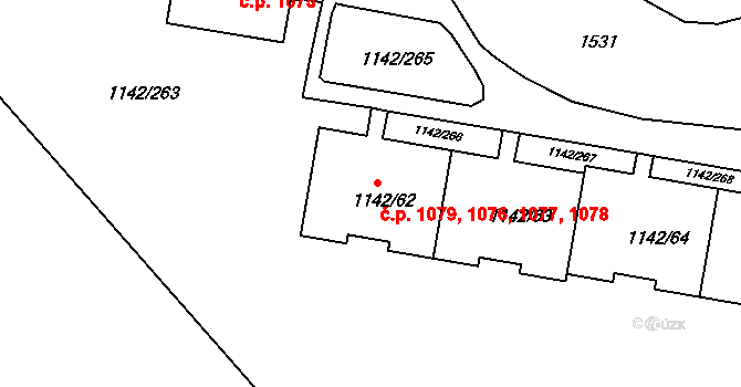 Řepy 1076,1077,1078,1079, Praha na parcele st. 1142/62 v KÚ Řepy, Katastrální mapa