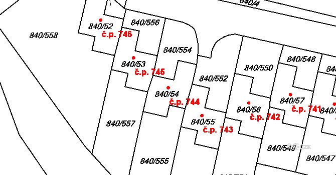 Bohnice 744, Praha na parcele st. 840/54 v KÚ Bohnice, Katastrální mapa