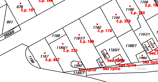 Hostivař 189, Praha na parcele st. 1191/1 v KÚ Hostivař, Katastrální mapa
