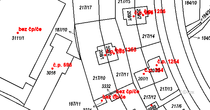 Sezimovo Ústí 255 na parcele st. 208/1 v KÚ Sezimovo Ústí, Katastrální mapa