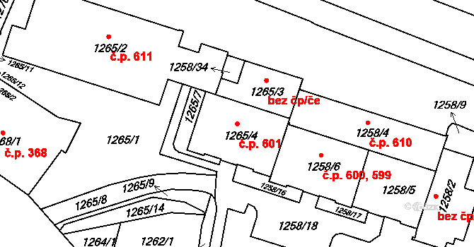 Liberec IV-Perštýn 601, Liberec na parcele st. 1265/4 v KÚ Liberec, Katastrální mapa