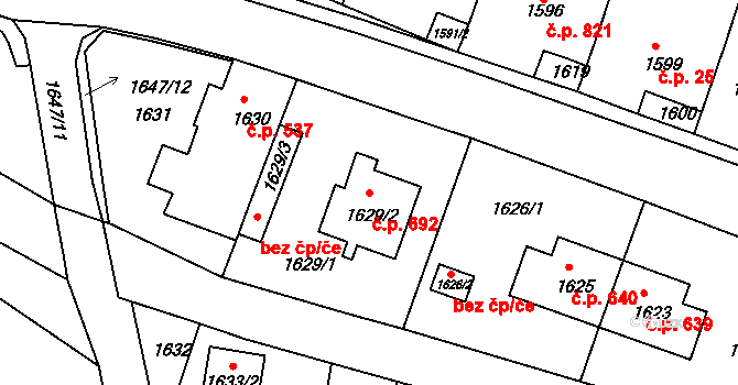 Střelice 692 na parcele st. 1629/2 v KÚ Střelice u Brna, Katastrální mapa