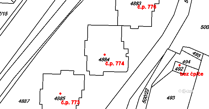 Vsetín 774 na parcele st. 4884 v KÚ Vsetín, Katastrální mapa