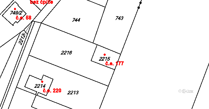 Křimice 177, Plzeň na parcele st. 2215 v KÚ Křimice, Katastrální mapa
