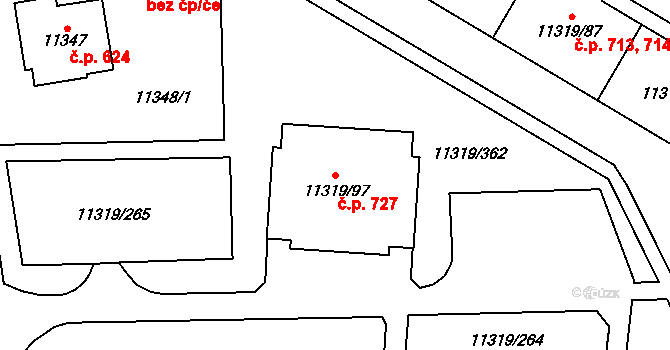 Severní Předměstí 727, Plzeň na parcele st. 11319/97 v KÚ Plzeň, Katastrální mapa