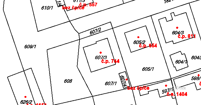 Černice 744, Plzeň na parcele st. 607/3 v KÚ Bručná, Katastrální mapa