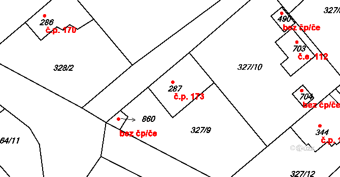 Vyžlovka 173 na parcele st. 287 v KÚ Vyžlovka, Katastrální mapa