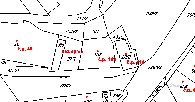 Lhotka 119, Česká Třebová na parcele st. 152 v KÚ Lhotka u České Třebové, Katastrální mapa