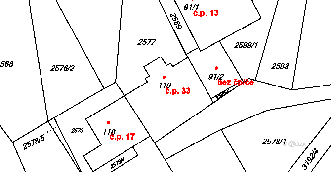Mokrý Lom 33 na parcele st. 119 v KÚ Mokrý Lom, Katastrální mapa