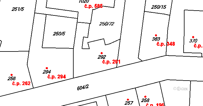 Rosice 291, Pardubice na parcele st. 292 v KÚ Rosice nad Labem, Katastrální mapa