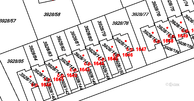 Úvaly 1645 na parcele st. 3928/147 v KÚ Úvaly u Prahy, Katastrální mapa