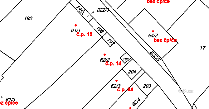 Čáslavice 14 na parcele st. 62/2 v KÚ Čáslavice, Katastrální mapa
