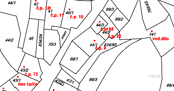 Křižínkov 9 na parcele st. 44/1 v KÚ Křižínkov, Katastrální mapa