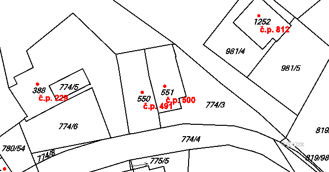 Luhačovice 500 na parcele st. 551 v KÚ Luhačovice, Katastrální mapa