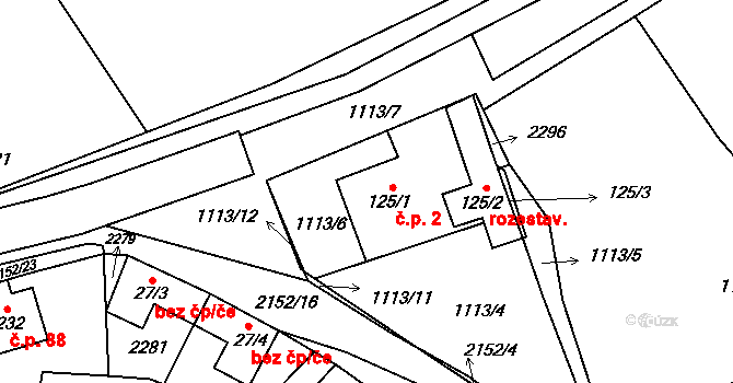 Řetechov 2, Luhačovice na parcele st. 125/1 v KÚ Řetechov, Katastrální mapa