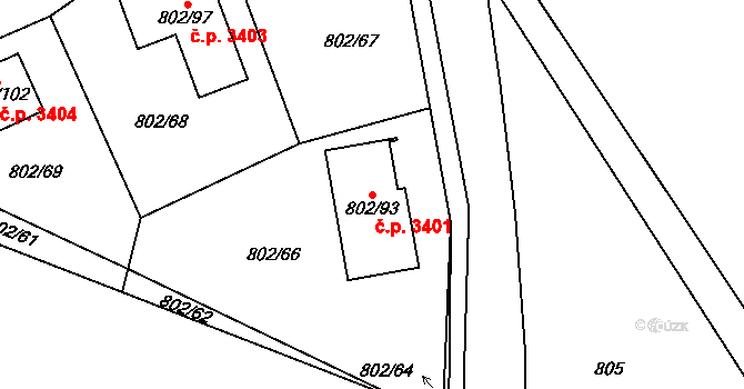 Milovice 3401 na parcele st. 802/93 v KÚ Milovice nad Labem, Katastrální mapa