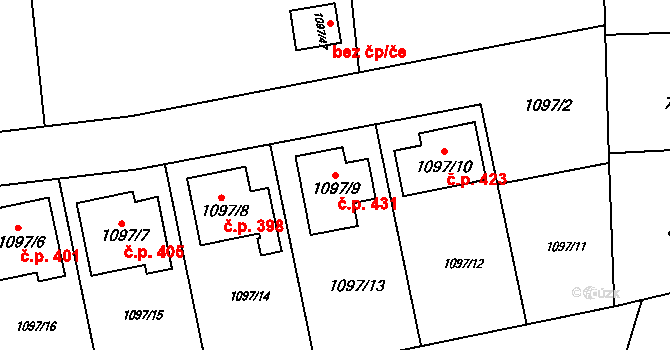 Grygov 431 na parcele st. 1097/9 v KÚ Grygov, Katastrální mapa