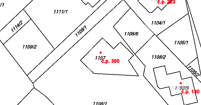 Rapotín 390 na parcele st. 1107 v KÚ Rapotín, Katastrální mapa