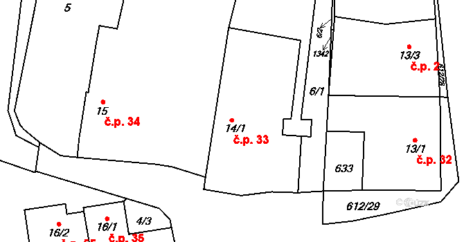 Rosice 33, Pardubice na parcele st. 14/1 v KÚ Rosice nad Labem, Katastrální mapa