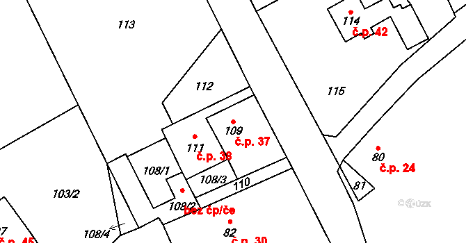 Březí 37, Malečov na parcele st. 109 v KÚ Březí u Malečova, Katastrální mapa