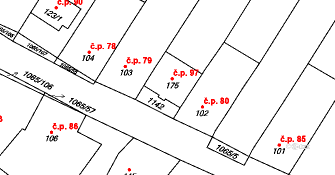 Tulešice 97 na parcele st. 175 v KÚ Tulešice, Katastrální mapa