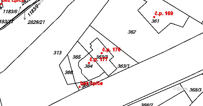 Zruč nad Sázavou 176 na parcele st. 363/3 v KÚ Zruč nad Sázavou, Katastrální mapa