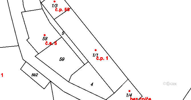 Poutnov 1, Teplá na parcele st. 1/1 v KÚ Poutnov, Katastrální mapa