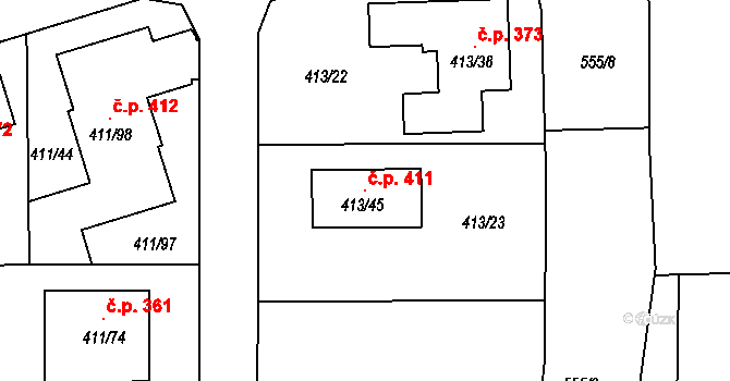 Mstišov 411, Dubí na parcele st. 413/45 v KÚ Mstišov, Katastrální mapa