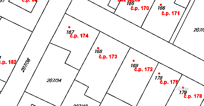 Chotětov 173 na parcele st. 168 v KÚ Chotětov, Katastrální mapa