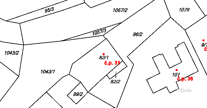 Prostřední Svince 31, Dolní Třebonín na parcele st. 82/1 v KÚ Prostřední Svince, Katastrální mapa
