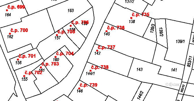 Mistřín 737, Svatobořice-Mistřín na parcele st. 142 v KÚ Mistřín, Katastrální mapa