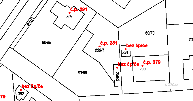 Hovorčovice 251 na parcele st. 259/1 v KÚ Hovorčovice, Katastrální mapa