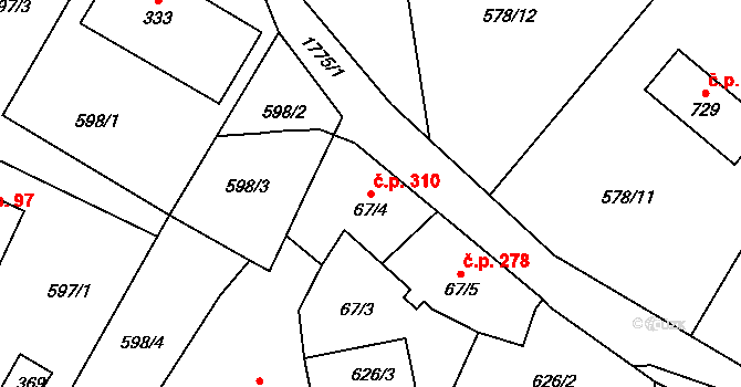 Mníšek 310 na parcele st. 67/4 v KÚ Mníšek u Liberce, Katastrální mapa