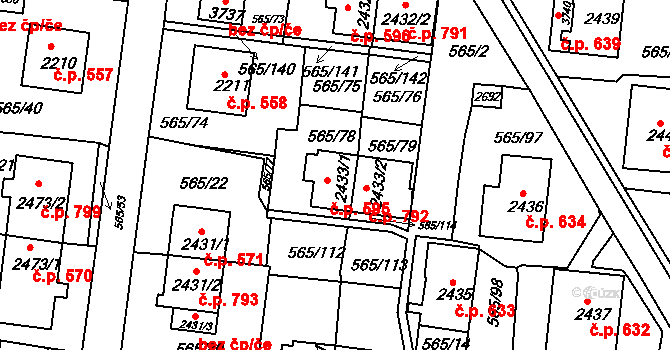 Borovina 595, Třebíč na parcele st. 2433/1 v KÚ Třebíč, Katastrální mapa