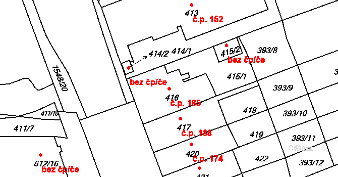 Komárov 185, Brno na parcele st. 416 v KÚ Komárov, Katastrální mapa