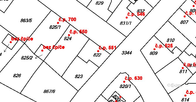 Pelhřimov 551 na parcele st. 822 v KÚ Pelhřimov, Katastrální mapa