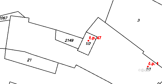 Bohouňovice II 47, Horní Kruty na parcele st. 1/2 v KÚ Bohouňovice II, Katastrální mapa