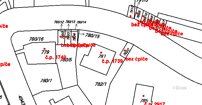 Smíchov 1739, Praha na parcele st. 781 v KÚ Smíchov, Katastrální mapa