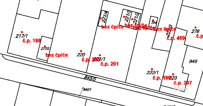 Stará Huť 201 na parcele st. 221/1 v KÚ Stará Huť, Katastrální mapa