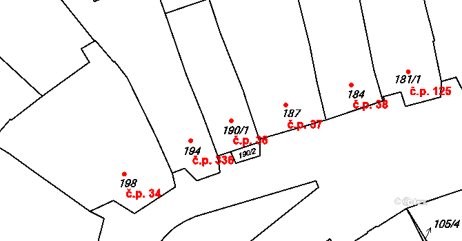 Sivice 36 na parcele st. 190/1 v KÚ Sivice, Katastrální mapa