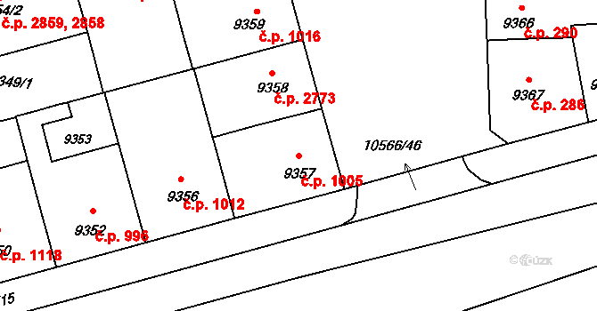 Jižní Předměstí 1005, Plzeň na parcele st. 9357 v KÚ Plzeň, Katastrální mapa