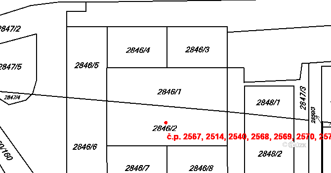 Stodůlky 2514,2540,2567,2568,, Praha na parcele st. 2846/1 v KÚ Stodůlky, Katastrální mapa