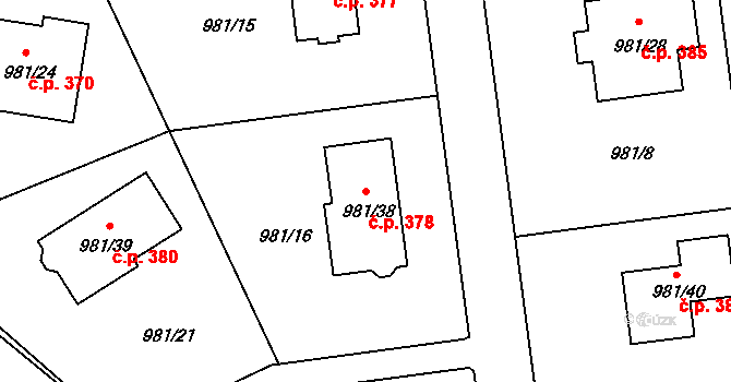 Srubec 378 na parcele st. 981/38 v KÚ Srubec, Katastrální mapa