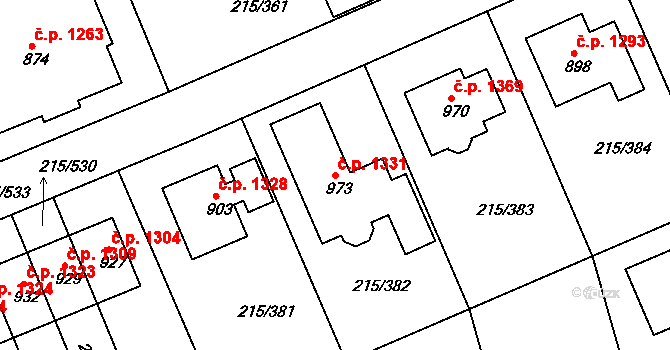 Rudná 1331 na parcele st. 973 v KÚ Hořelice, Katastrální mapa
